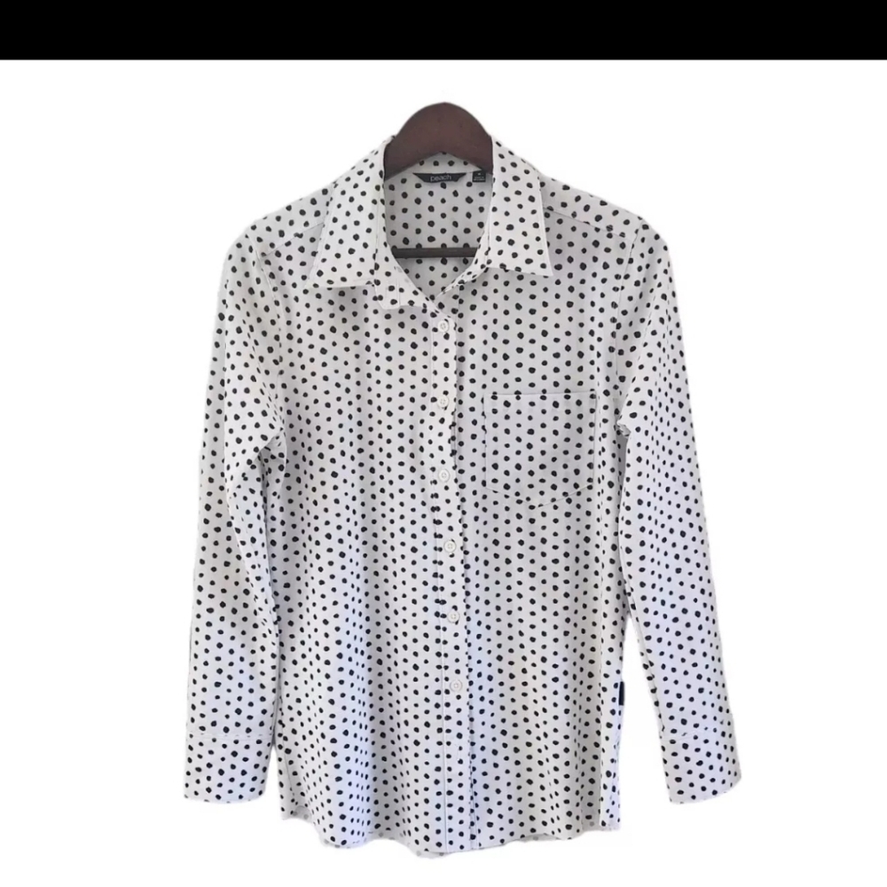 Peach Brand White Black Polka Dot Button Front Stretch Blouse Top Women Size S